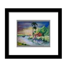 Color romantic sky as background. Village Life Poster Colour Painting Framed Print By Sanjay Wagh