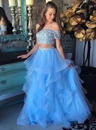 Off The Shoulder Crystals Beads 2019 Two Piece Prom Dress Blue Organza Tiere Ruffles Evening Gown Fb0 Piece Prom Dress Prom Dresses Blue Prom Dresses Two Piece