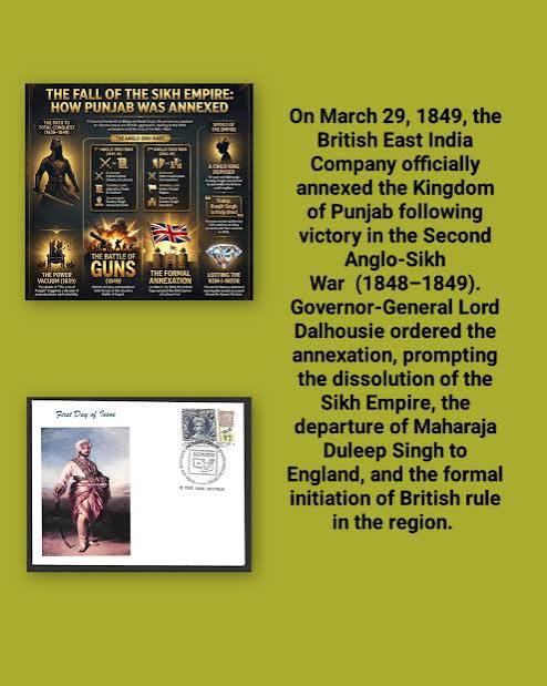 On March 29, 1849, the British East India Company officially annexed the Kingdom of Punjab following victory in the Second Anglo-Sikh War (1848-1849).