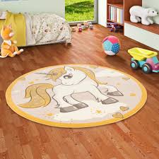 Der schmutzabweisende, robuste spielteppich kann außerdem auch auf einer fußbodenheizung liegen. Kinderteppich Samba Kids Rund Einhorn Beige Gelb