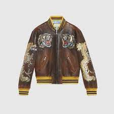 Gucci Leather Bomber Jacket With Intarsia Gucci Cloth Men S Bombers Leather Jackets Leather Bomber Jacket Mens Leather Bomber Jacket Bomber Jacket