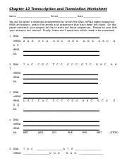 The amino acids needed for protein synthesis by each organism is encoded in their dna. Chapter 12 Transcription And Translation Worksheet Chapter 12 Transcription And Translation Worksheet Name Period Date You Will Be Given A Selected Course Hero