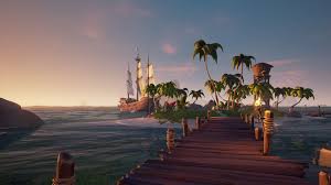 Animated Footbridge Leading To Island Graphic Wallpaper Sea Of Thieves Ship Palm Trees Water Rare In 2020 Graphic Wallpaper Sea Of Thieves Purple Butterfly Wallpaper