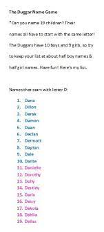 Indian baby boy names starting with d ; The Duggar Name Game Can You Name 19 Children Their Names All Have To Start With The Same Letter The Duggars Have Boy Names Baby Boy Names Baby Girl Names
