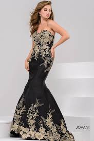 Black And Gold Evening Gown Jovani Black And Gold Embroidered Strapless Mermaid Gown In Black Gold Modesens Formal Evening Dresses Mermaid Evening Dresses Prom Dresses Jovani