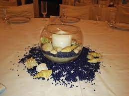 Il tema mare prevede blu e azzurro in tutte le loro sfumature, sabbia, conchiglie di tutti i tipi, coralli e pietre e rametti raccolti in spiaggia. Centrotavola Tema Mare Centrotavola Addobbo Compleanno Papa