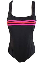 Fit 4 U Womens One Piece Swimsuit Cami Tape Black Hot Pink