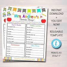 Editable Teacher Favorites Survey Teacher Appreciation Etsy In 2021 Teacher Favorite Things Teacher Appreciation Week Teacher Appreciation