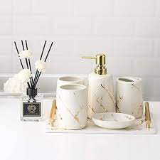Browse attractive accessory sets that include soap dishes and dispensers, lotion pumps, toothbrush holders, and waste baskets to create a coordinated space. Amazon Com Tellgoy Bathroom Accessories Set Multiple Piece Luxury Bath Accessory Kit Ceramics Material With Tray Includes Soap Dispenser Toothbrush Cup Soap Dish I Home Kitchen