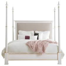 Queen metal canopy bed with white cream linen upholstered headboard accommodates boxsprings and mattress (not included) finish: Juliette French Country White Wood Upholstered Gold Accent Poster Bed Queen Queen Kathy Kuo Home
