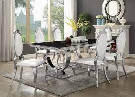 107871 72 7 Pc Sharli Antoine Chrome Metal Base Dining Table Set With Black Glass Top Metal Base Dining Table Chrome Dining Table Dining Table Black