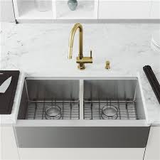 The sink range features top kitchen brands like bianco, clark, franke, oliveri and abey. Vigo Oxford Stainless Steel Kitchen Sink With Matte Gold Faucet Double Bowl 41 In Vg15959 Rona