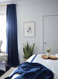 Minted Abstract Art Bedroom Reveal Navy Linen Curtains With Blackout Liner Snake Plant In Basket Navy Bedroom Color Schemes Best Bedroom Colors Simple Bedroom