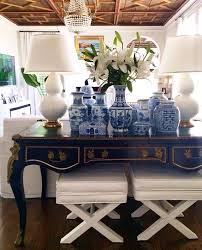 Home Decorating Ideas Living Room Console Table Vignette With Blue And White Chinoiseries Inspired Pot Ginger Jars Decor West Indies Decor Fancy Living Rooms