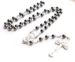 Saint Michael Rosary Hematite Mens Rosary Metallic Silver Etsy Leaf Charm Necklace Metallic Silver Mens Rosary