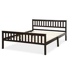 Drawer storage or a trundle bed can be added under dark brown solid wood platform bed with two footboard drawers for extra storage. Queen Wood Platform Bed Frame Headboard Footboard Espresso Home To Outdoors