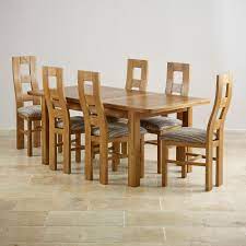 Orrick Extending Dining Set In Rustic Oak Table 6 Beige Chairs Rustic Oak Dining Table Oak Extending Dining Table Furniture Dining Table