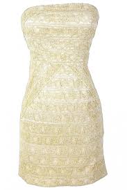 gilded gold metallic lace strapless designer dress by minuet