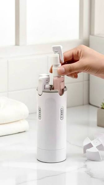 Dispensador de cosméticos portátil 4 en 1 para viaje., Funcionalidad:  Permite almacenar cuatro tipos diferentes de líquidos (como shampoo,  acondicionador, loción y jabón) en un solo recipiente. Se ...