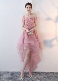 Pink Tulle Off Shoulder High Low Homecoming Dress Party Dress With Lace Applique From Girlsprom Homecoming Dresses Dresses Homecoming Dresses Short