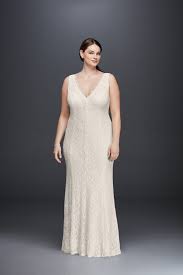 Allover Lace V Neck Plus Size Sheath Wedding Dress David S Bridal Davids Bridal Wedding Dresses Wedding Dress Styles Wedding Dresses