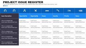 The topics discussed in these slides are . Project Issue Register Template Slidemodel