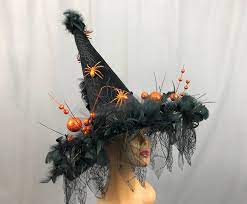 Elegant Witch Hat Halloween Orange And Black Feather Hat Witch Etsy Witch Hat Black Witch Hat Feather Hat