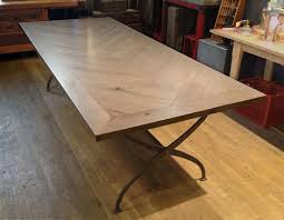 This French Inspired Steel Base Is Topped With A Gray Washed Herringbone Top Of Reclaimed Oak With Images Kitchen Table Wood Dining Table Diy Kitchen Table