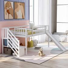 Amazon Com Kids Low Loft Bed With Slide And Storage Twin Loft Bed Frame With Stairs Slide Loft For Boys And Girls Twin Size White Furniture Decor