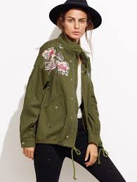 Olive Green Drop Shoulder Embroidered Drawstring Jacket Drawstring Jacket Jackets Fashion