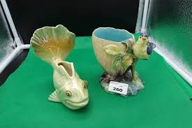 Pair of vintage wembley ware gold lustre swans, 6cm high, still with the original gold foil wembley ware labels on the bottom. Wembley Ware Lustre Fish Vase Ashtray And Bretby England Majolica Glazed B Amanda Addams Auctions