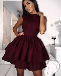 High Neck Burgundy Pleated Homecoming Dress With Layered Skirt Hd3151 Burgundy Party Dress Homecoming Dresses Short Satin Homecoming Dress