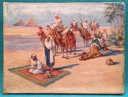 African art, colourful painting of arab bedouin on camel on display in the hotel reception at riu touareg cape verde islands african art, colourful painting of arab bedouin. Vintage Painting Arab Prayers Camels Desert Pyramids Palms Oil On Canvas 1862609637