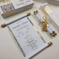 Elegance Handmade Custom Design Real Gold Foil Imprinted Scroll Invitation Boxed Embossed Wedding Invitation Holographic Foil Print In 2021 Embossed Wedding Invitations Scroll Invitation Wedding Invitations