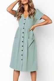 Boosouly Womens Sundress Short Sleeve V Neck Button Down Midi Skater Dress With Pockets Black S At Amazo Midi Dress Casual Dresses Casual Boho Everyday Dresses
