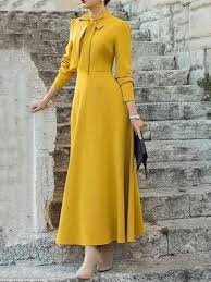 Bow Collar Three Quarter Sleeve Bowknot Ankle Length A Line Women S Dress Ankle Length Dress Dresses Fashion