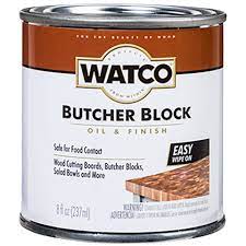 The john butcher block oil is made from food grade mineral oil, linseed oil, and orange oil. Watco Butcher Block Oil Finish Product Page