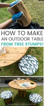 Easy Diy Table For A Rustic Outdoor Table With Toadstools Made From Tree Stumps Tree Trunks Perfect Project Fo Diy Outdoor Table Tree Trunk Table Tree Stump