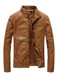 Brown Leather Jacket Stand Collar Zip Up Men Short Jacket Leather Jacket Style Faux Fur Coat Men Mens Jackets Casual