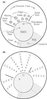 Plan view of artificial stream showing circular insert wall, two eddy...