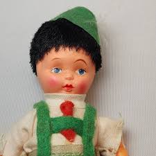 Vintage Celluloid Doll Switzerland Hungary Swiss Green Felt Hat Feather  Lederhosen Suspenders