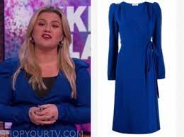 The Kelly Clarkson Show January 2020 Kelly Clarkson S Blue Wrap Puff Sleeve Dress Shop Your Tv