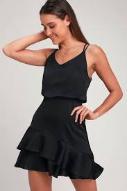 On The Floor Black Satin Ruffle Dress Black Satin Dress Lulu Black Dress Satin Ruffle Dress