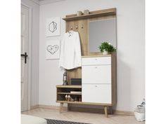 Meuble D Entree Pristeg 110 Cm Blanc Mat Chene Riviera Miroir Vente De Vestiaire Conforama Meuble Chambre Meuble Entree Meuble