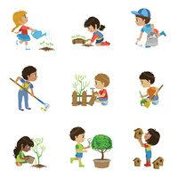 Kinder Die Gartenarbeit Illustrationen Sammlung Clipart Bilder Vektor