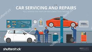 Auto Repair Shop Interior With Mechanics Working And Fixing Cars Professional Service Concept Auto Repair Shop Auto Repair Car