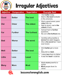 A few adjectives are irregular (they do not follow the same rules as other adjectives for comparative or superlative forms.) good better, bad worse. 100 Examples Of Irregular Adjectives Expressions Adn Example Sentences Lessons For English