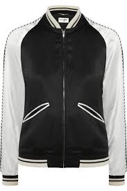 Black And White Satin Bomber Jacket Black Teddy Embellished Satin Bomber Jacket Saint Laurent Satin Bomber Jacket Jackets Outerwear Jackets