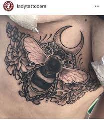 Bumble Bee And Moon Sternum Piece With Botanical Layout Bee Tattoo Queen Bee Tattoo Throat Tattoo