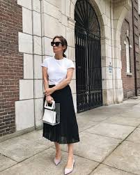 Black And White Pleated Midi Skirt Outfit White Knotted T Shirt Black Pleated Midi Skirt Suede Lilac Purple Sling Back Shoes White Seethrough Black Pleated Midi Skirt Pleated Midi Skirt Fashion